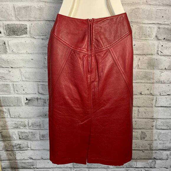 Vintage 90s Originaux Par Pablo Red Leather Pencil Midi Skirt - Picture 3 of 12